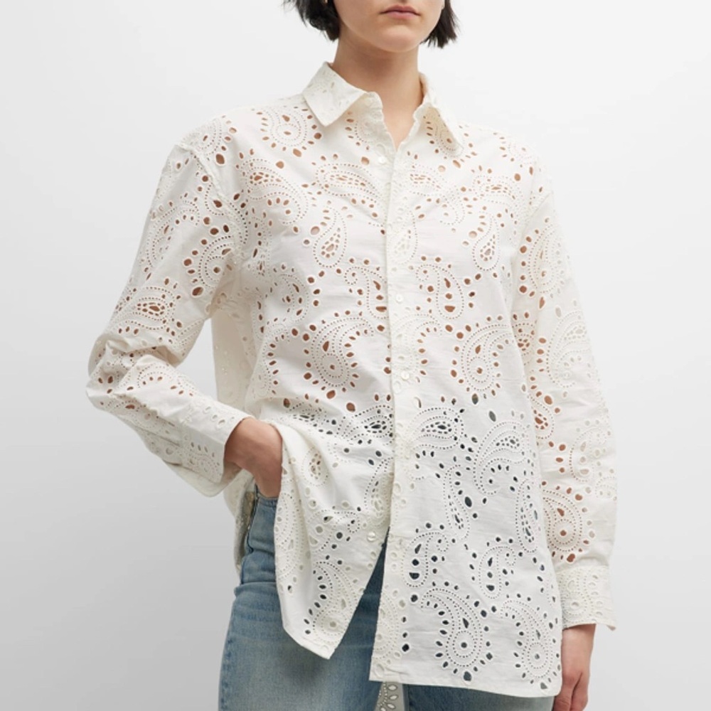 Nili Lotan White Eyelet Button-Down Shirt